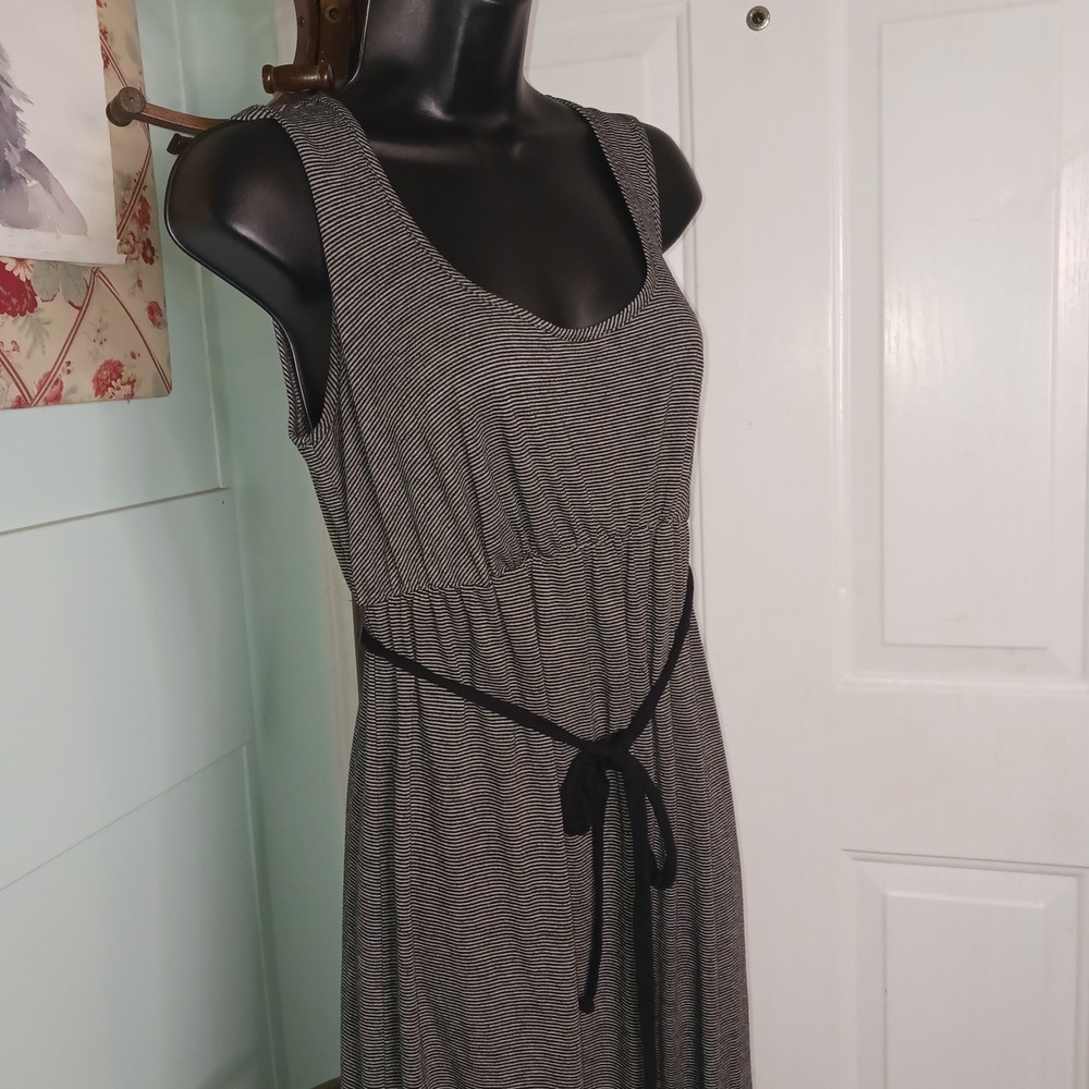 TWO HEARTS Maxi Dress Drawstring Waist Black w White Stripes Soft Lightwt Small